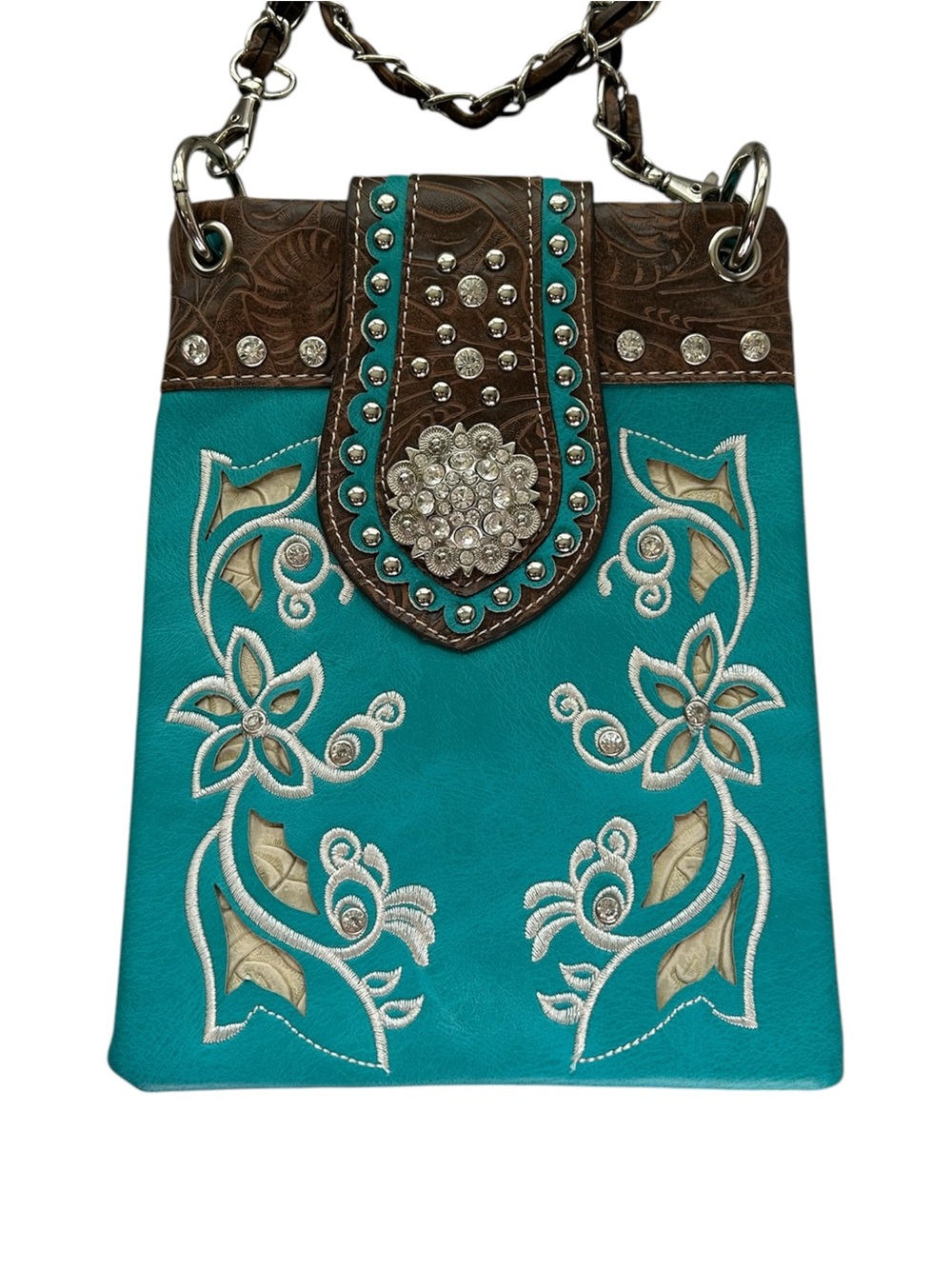Western Faux Leather Turquoise Floral Embroidered/Rhinestone Crossbody Bag
